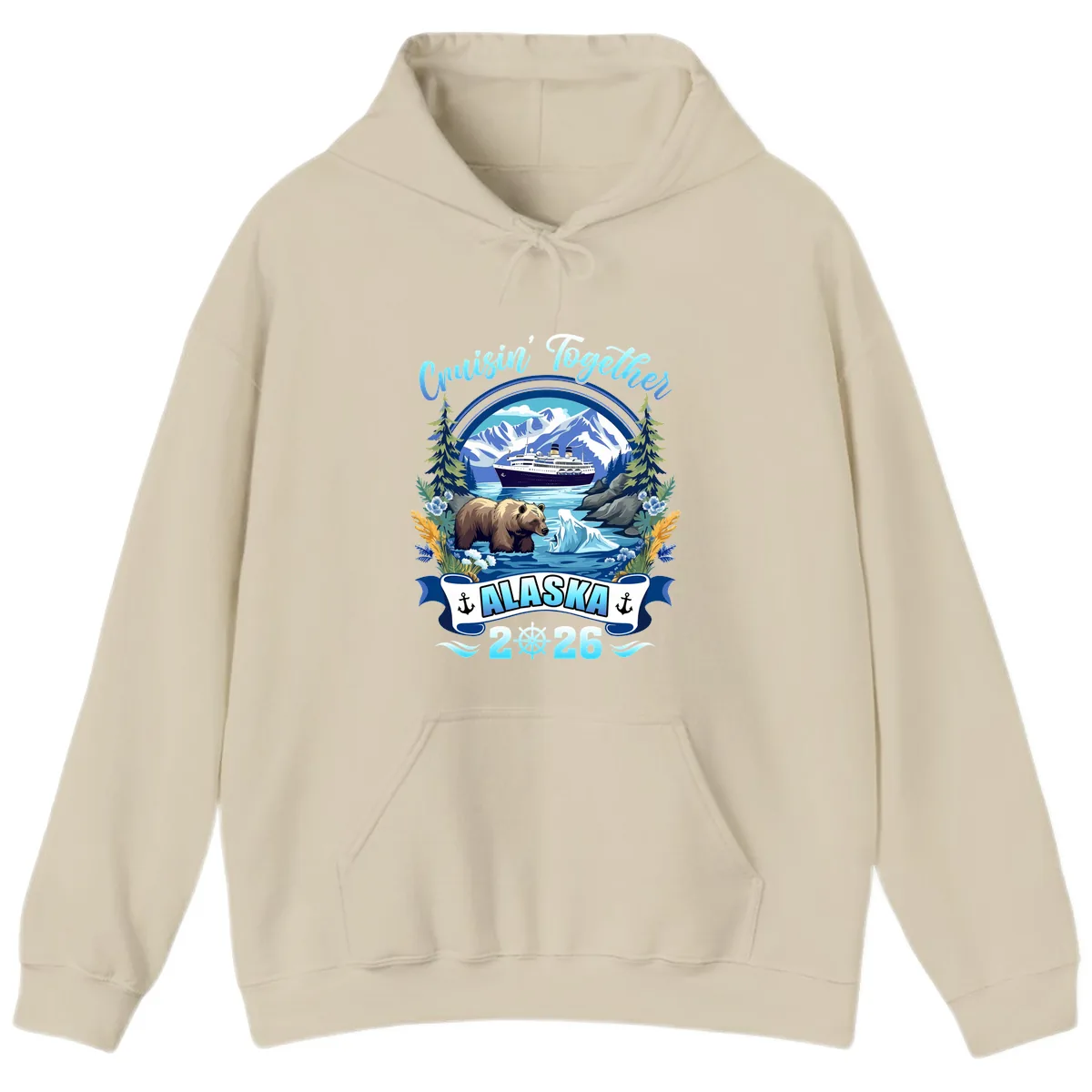 Alaskan Cruise Bear Ship Mountains 2026 Hoodie in Sand