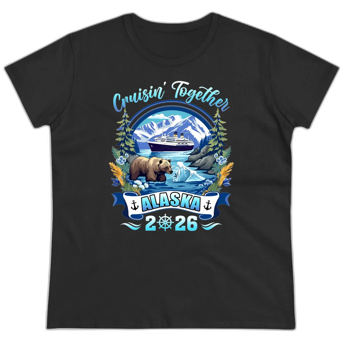 Alaskan Cruise Bear Ship Mountains 2026 Ladies Tee in Black
