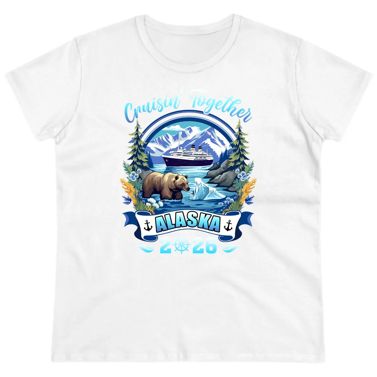 Alaskan Cruise Bear Ship Mountains 2026 Ladies Tee in White