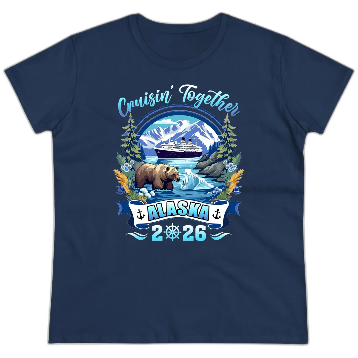 Alaskan Cruise Bear Ship Mountains 2026 Ladies Tee in Navy