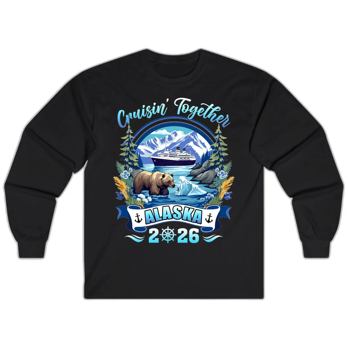 Alaskan Cruise Bear Ship Mountains 2026 Long Sleeve in Black