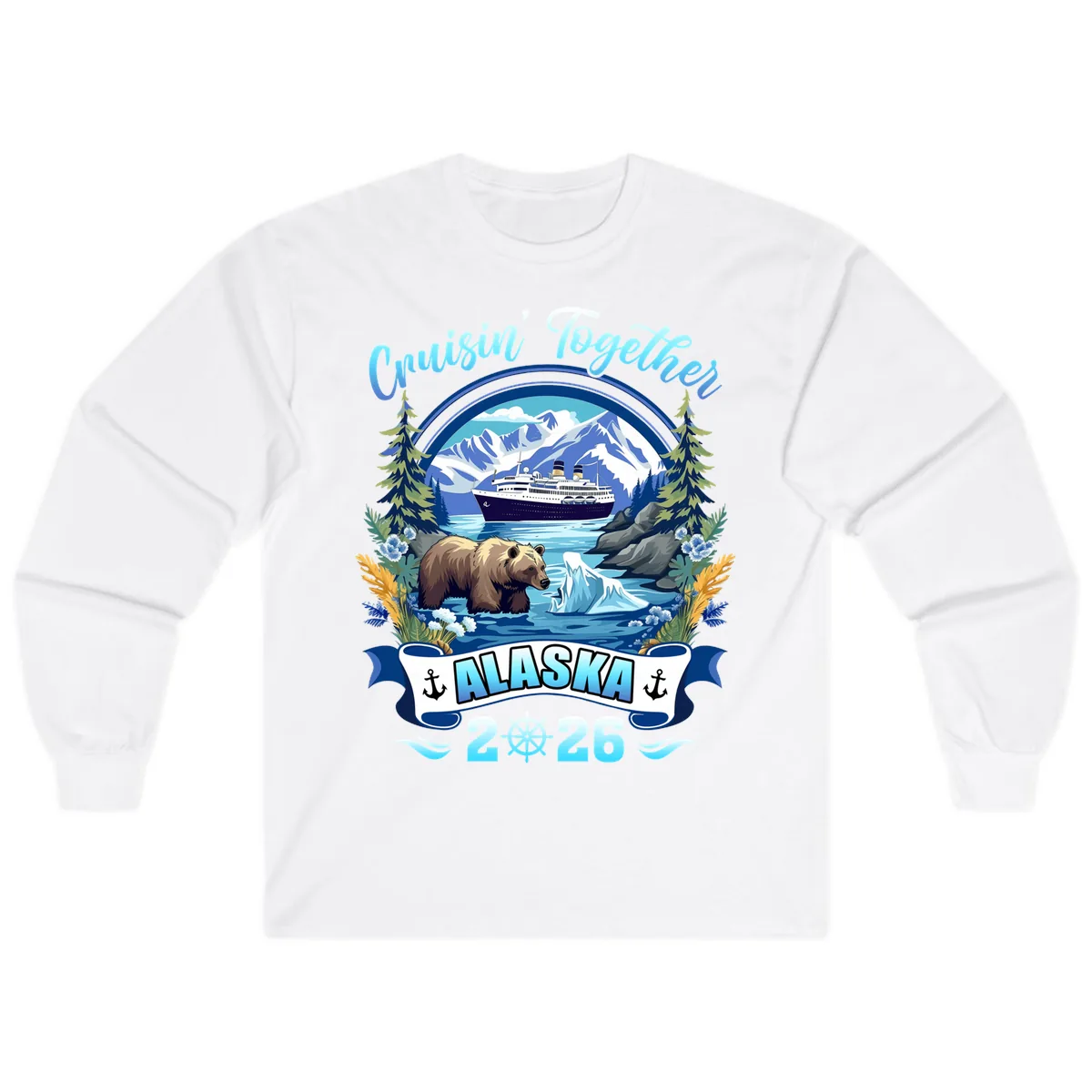 Alaskan Cruise Bear Ship Mountains 2026 Long Sleeve in White
