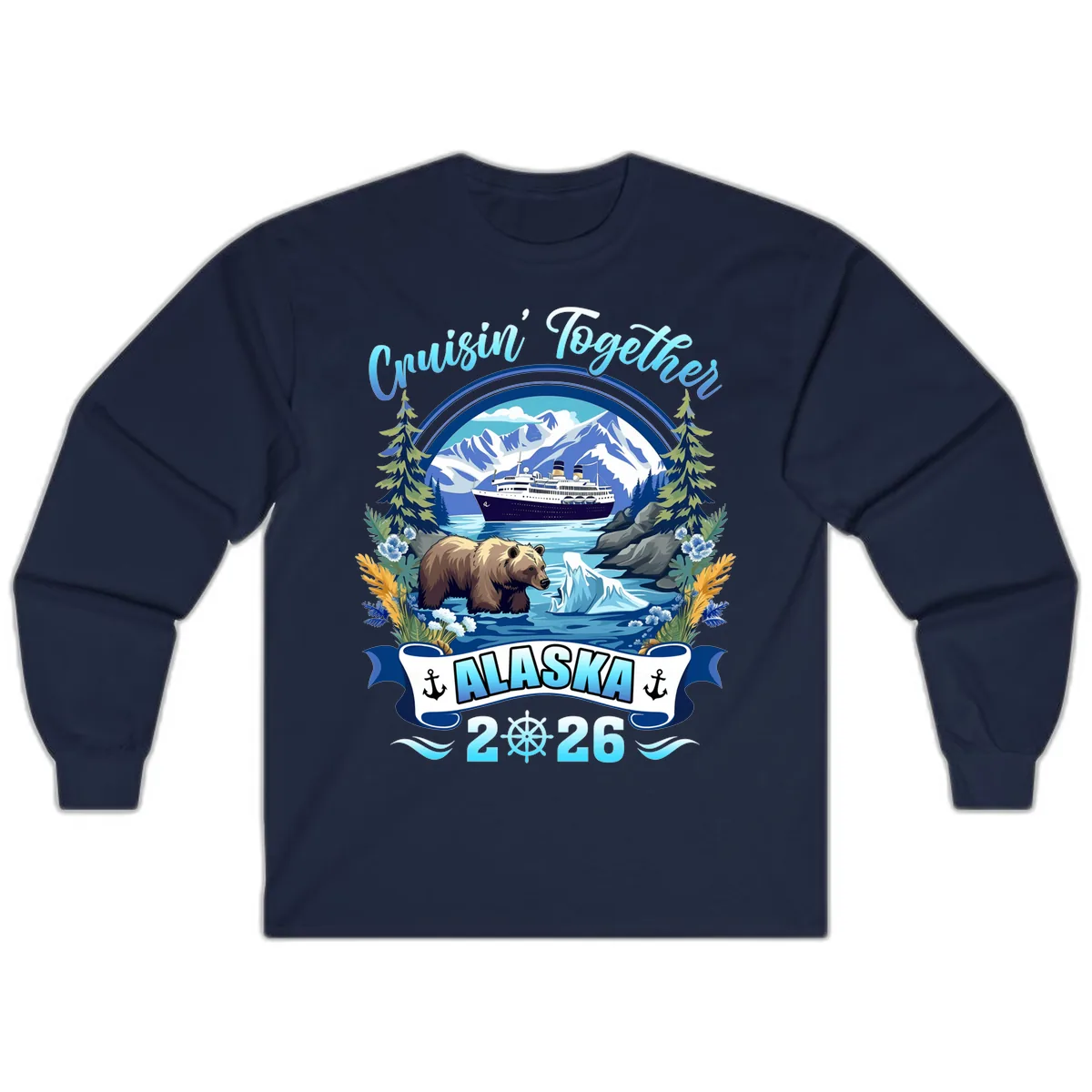 Alaskan Cruise Bear Ship Mountains 2026 Long Sleeve in Navy