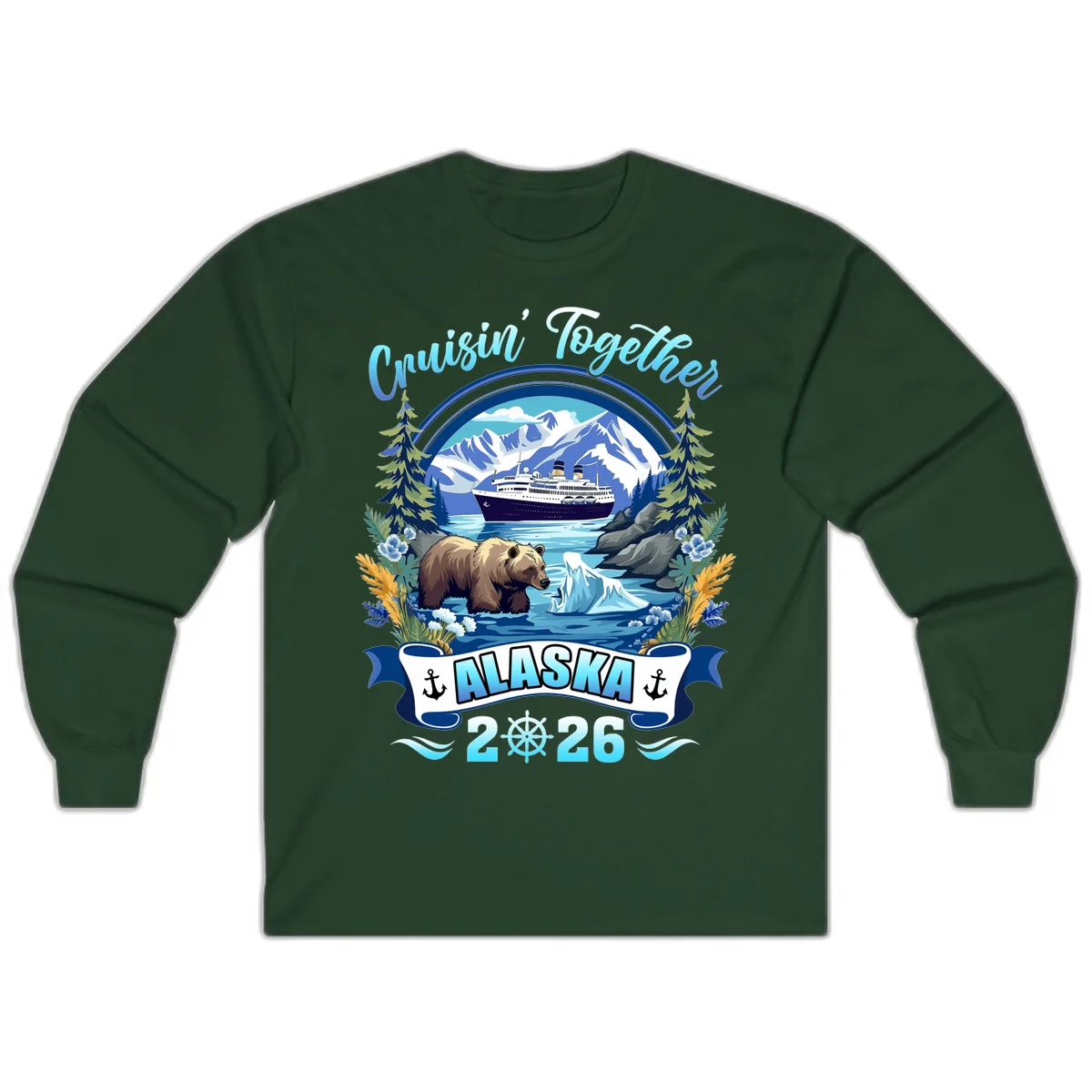 Alaskan Cruise Bear Ship Mountains 2026 Long Sleeve in Forest Green