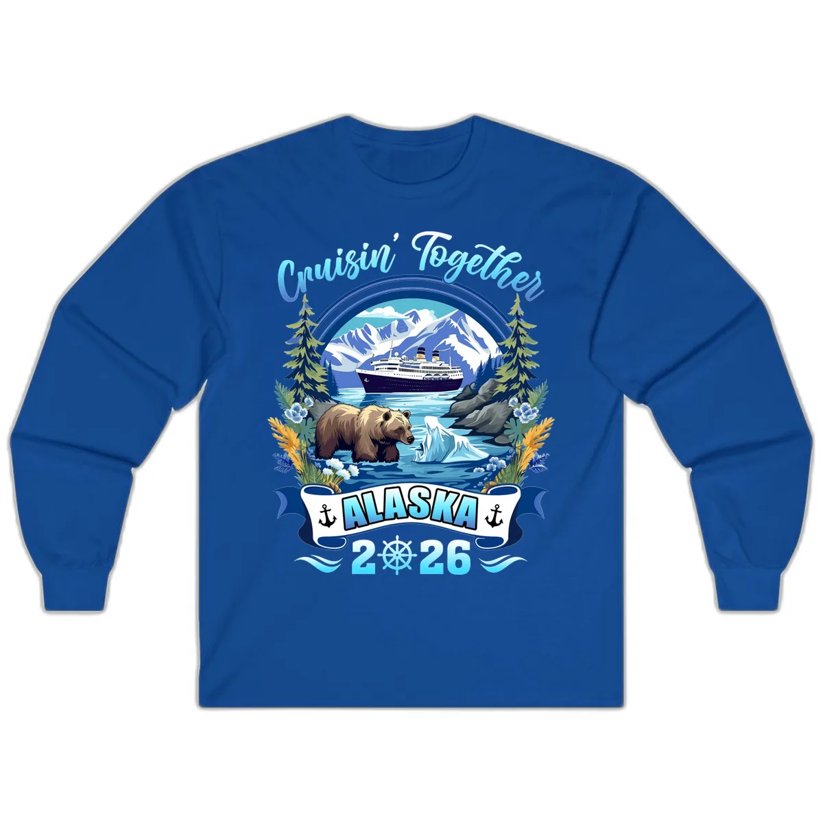 Alaskan Cruise Bear Ship Mountains 2026 Long Sleeve in Royal
