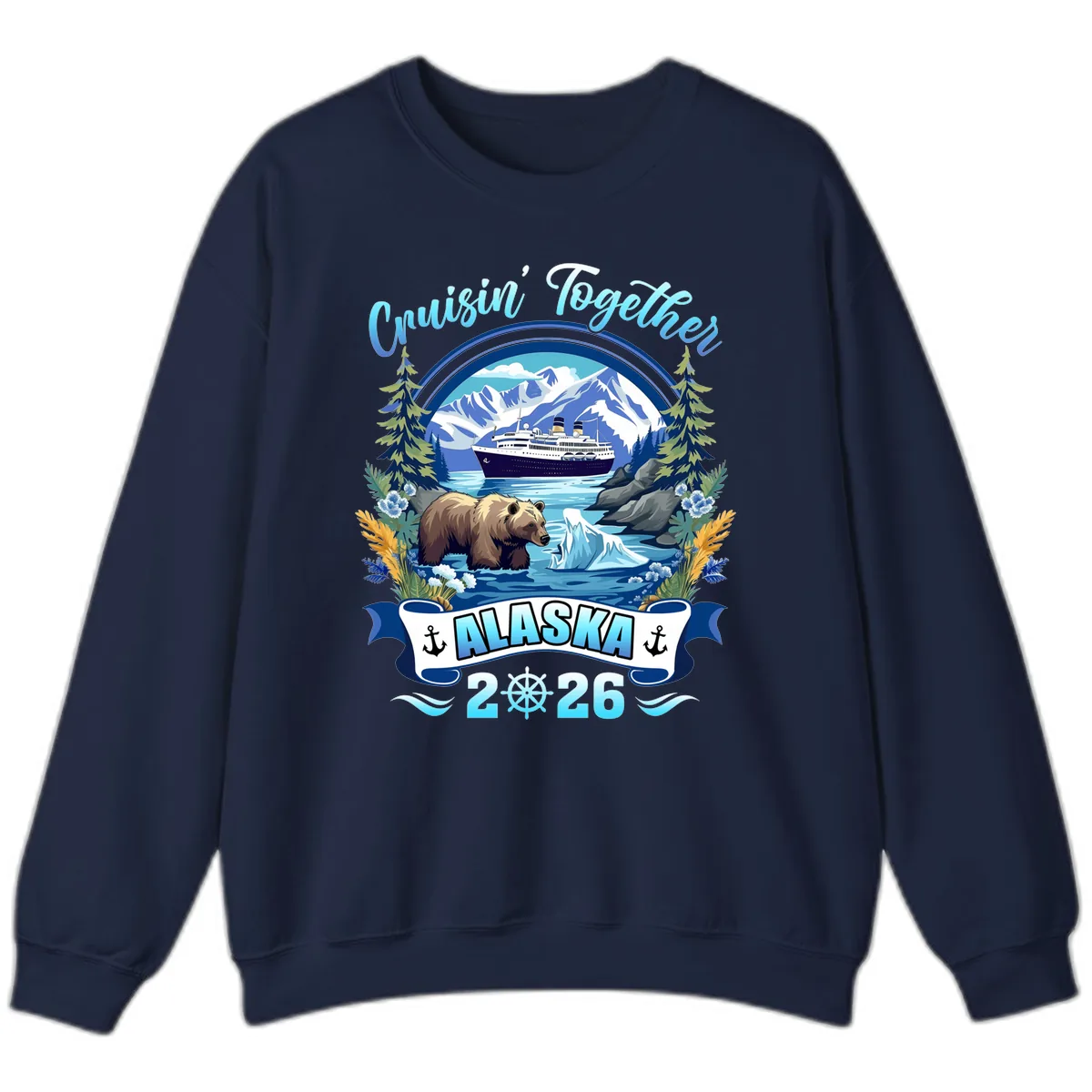 Alaskan Cruise Bear Ship Mountains 2026 Sweatshirt in Navy