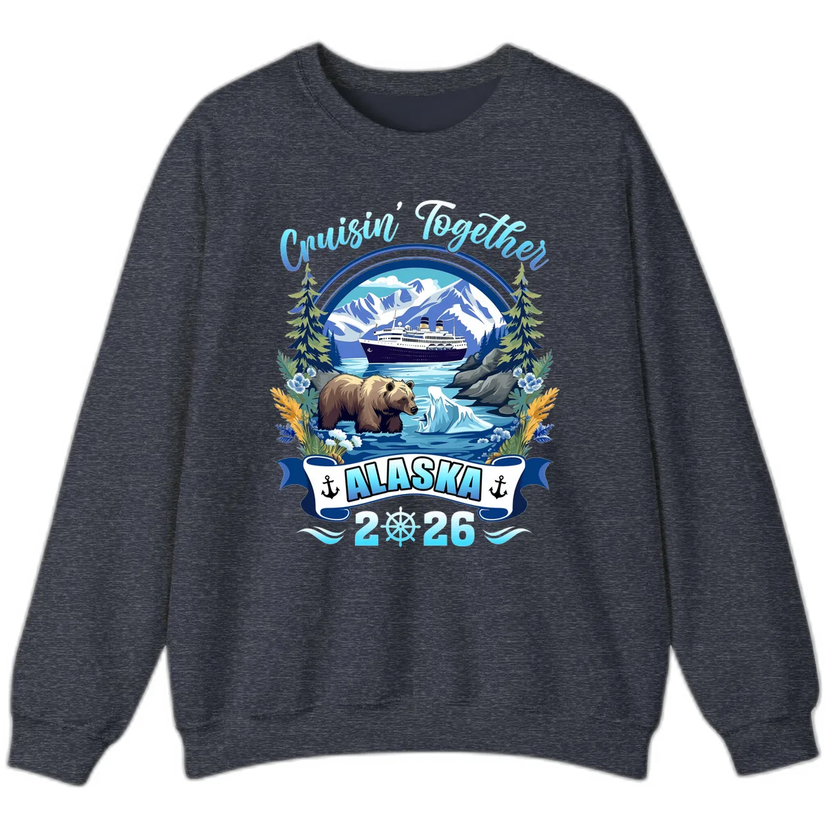 Alaskan Cruise Bear Ship Mountains 2026 Sweatshirt in Heather Sport Dark Navy