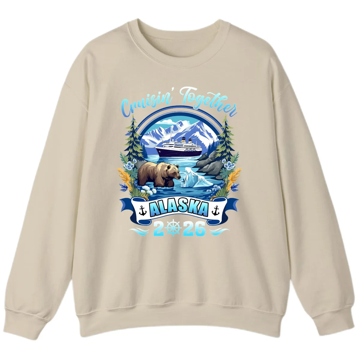 Alaskan Cruise Bear Ship Mountains 2026 Sweatshirt in Sand