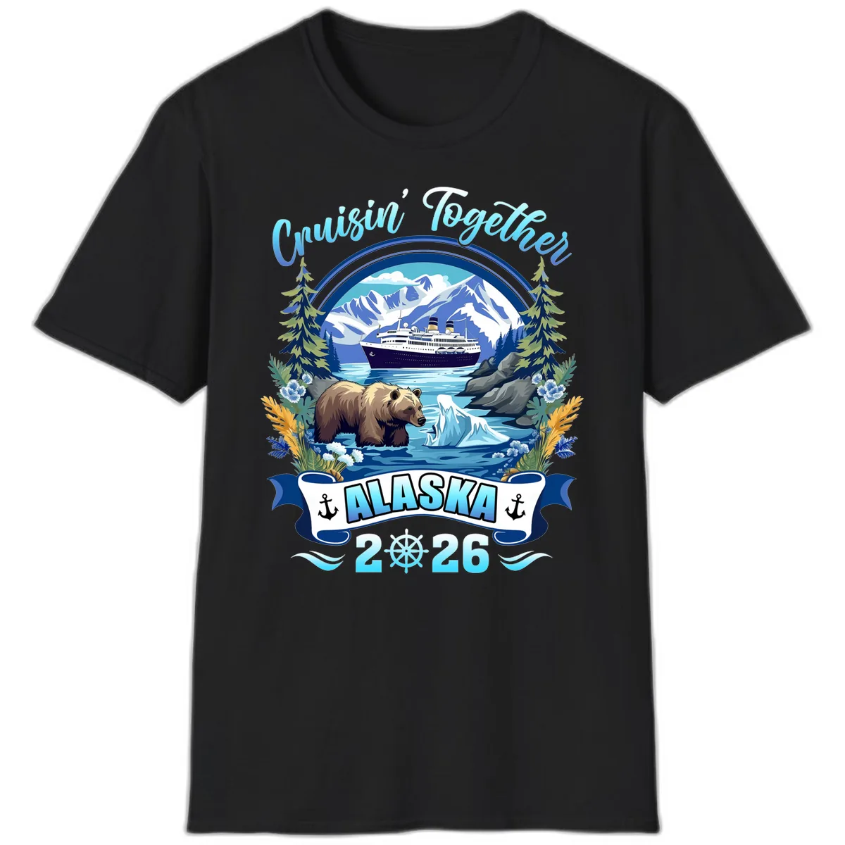 Alaskan Cruise Bear Ship Mountains 2026 T-Shirt in Black