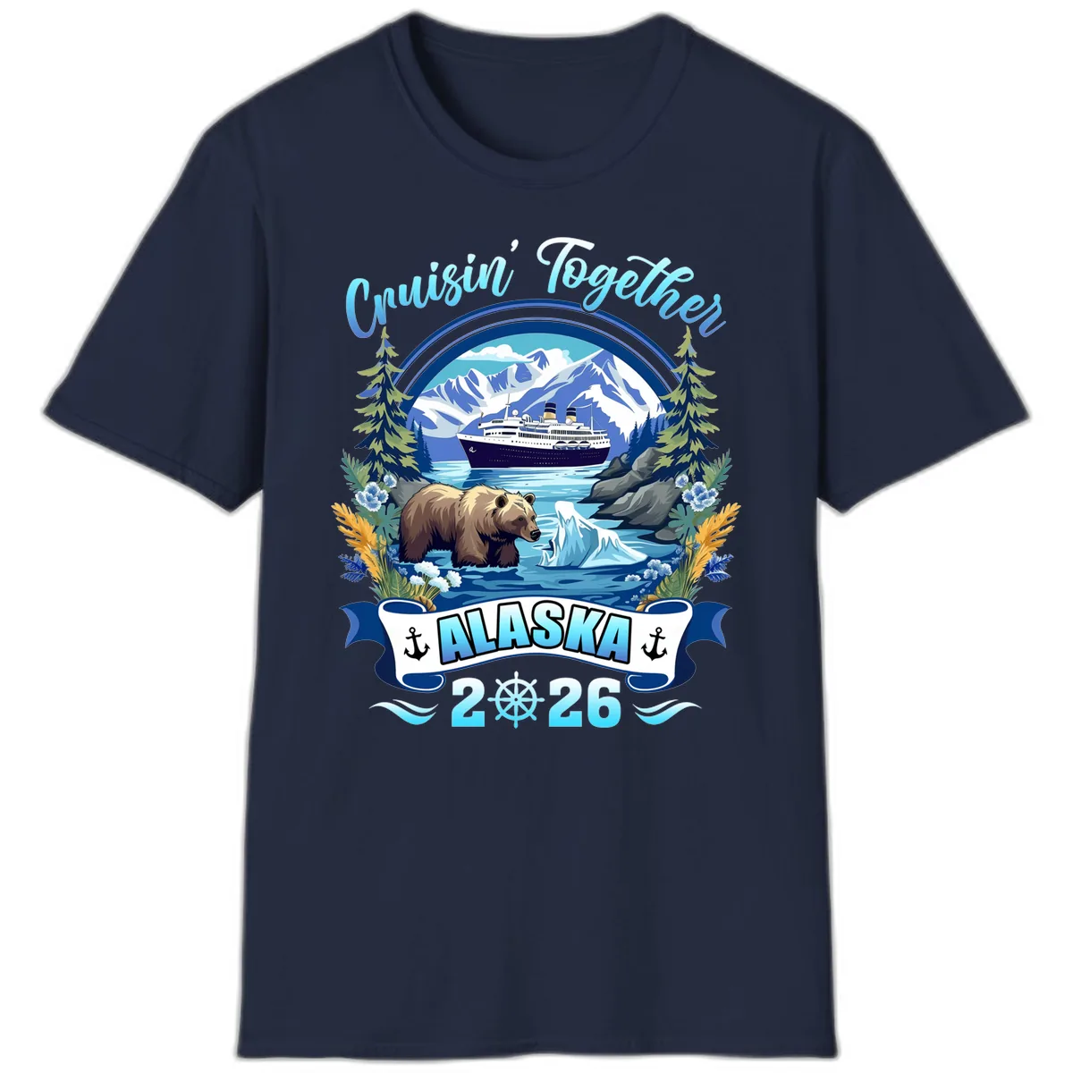 Alaskan Cruise Bear Ship Mountains 2026 T-Shirt in Navy