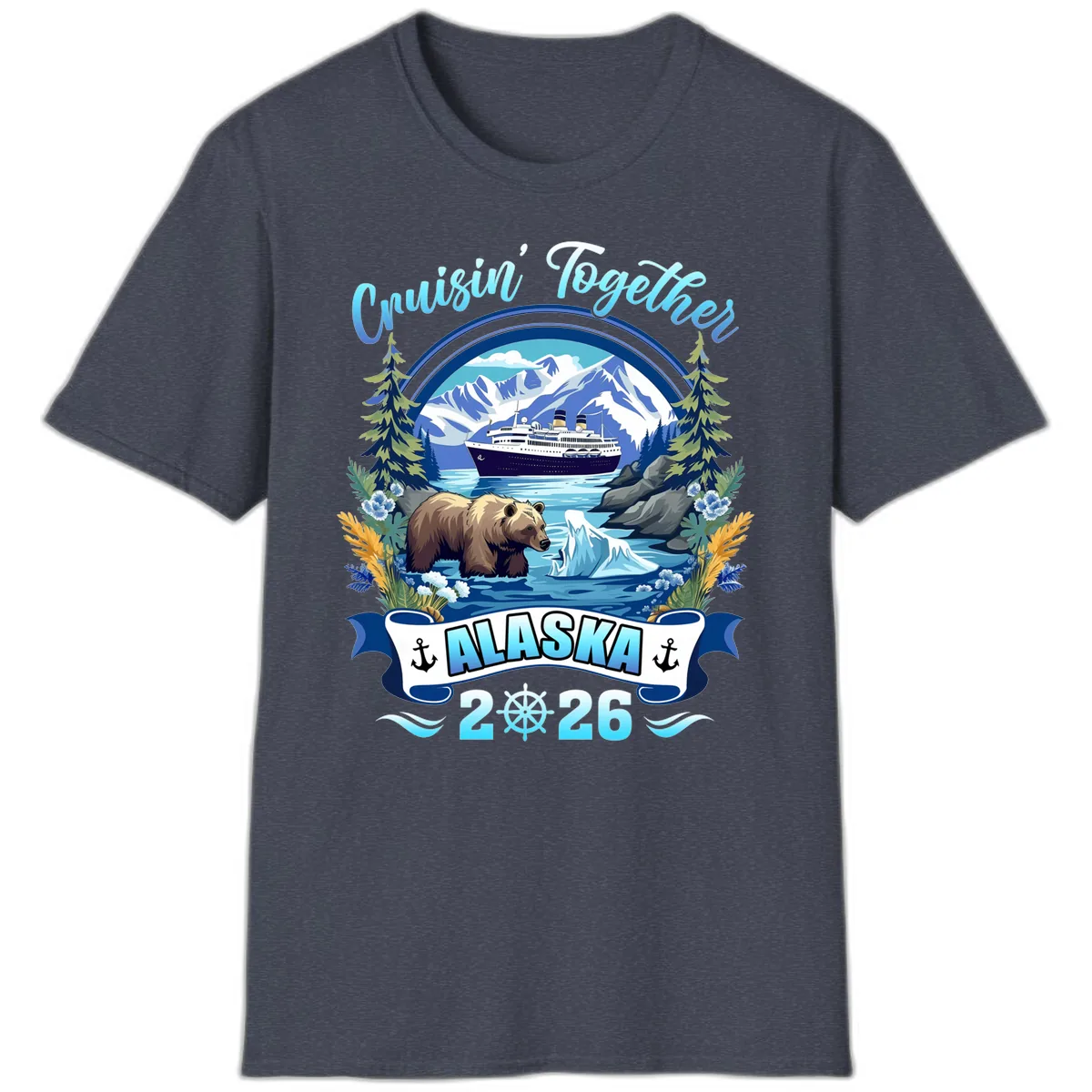Alaskan Cruise Bear Ship Mountains 2026 T-Shirt in Heather Navy