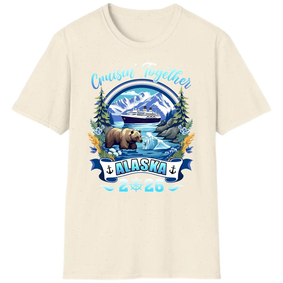 Alaskan Cruise Bear Ship Mountains 2026 T-Shirt in Natural
