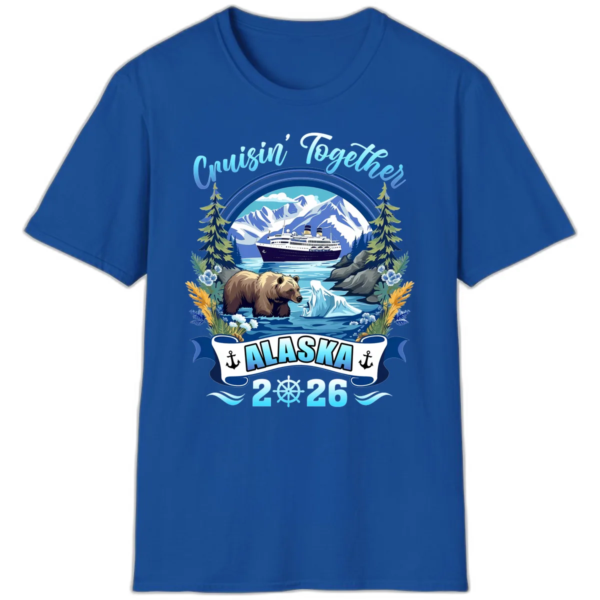 Alaskan Cruise Bear Ship Mountains 2026 T-Shirt in Royal