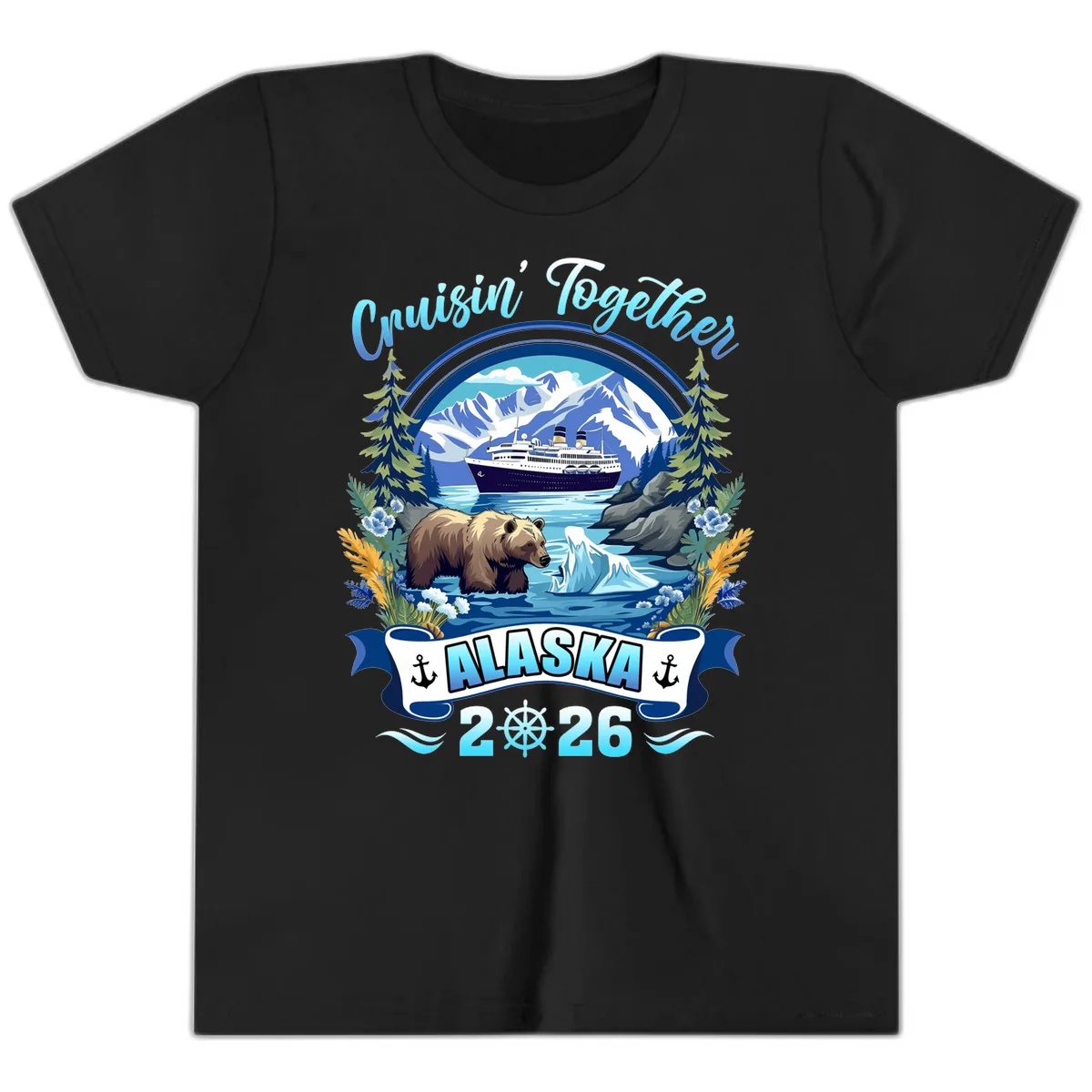 Alaskan Cruise Bear Ship Mountains 2026 Youth T-Shirt in Black