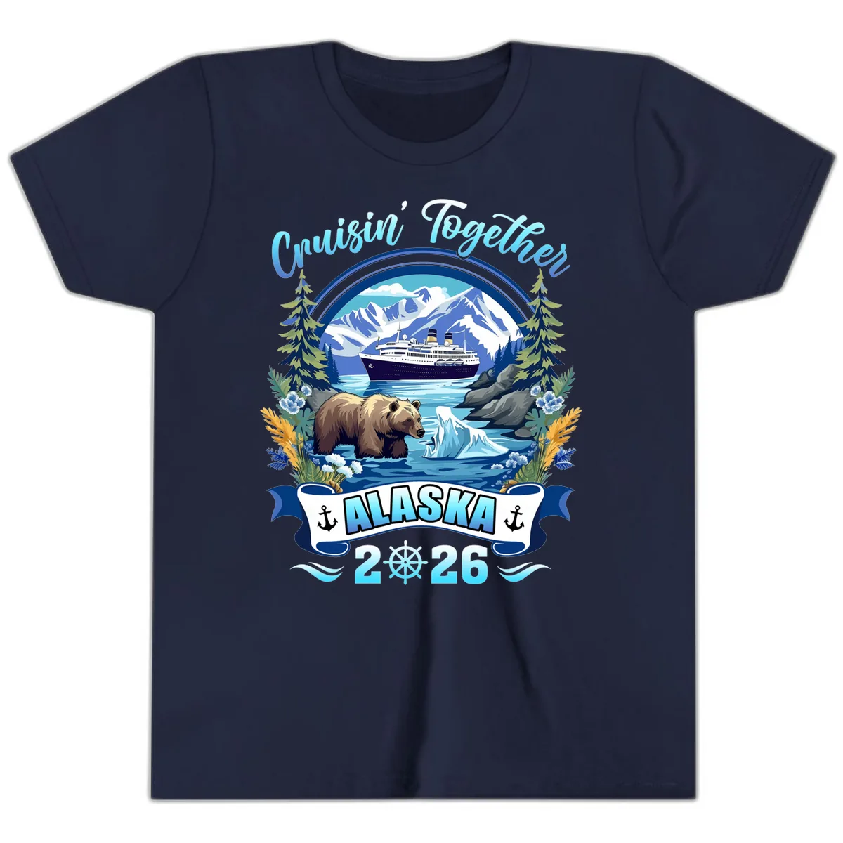 Alaskan Cruise Bear Ship Mountains 2026 Youth T-Shirt in Navy