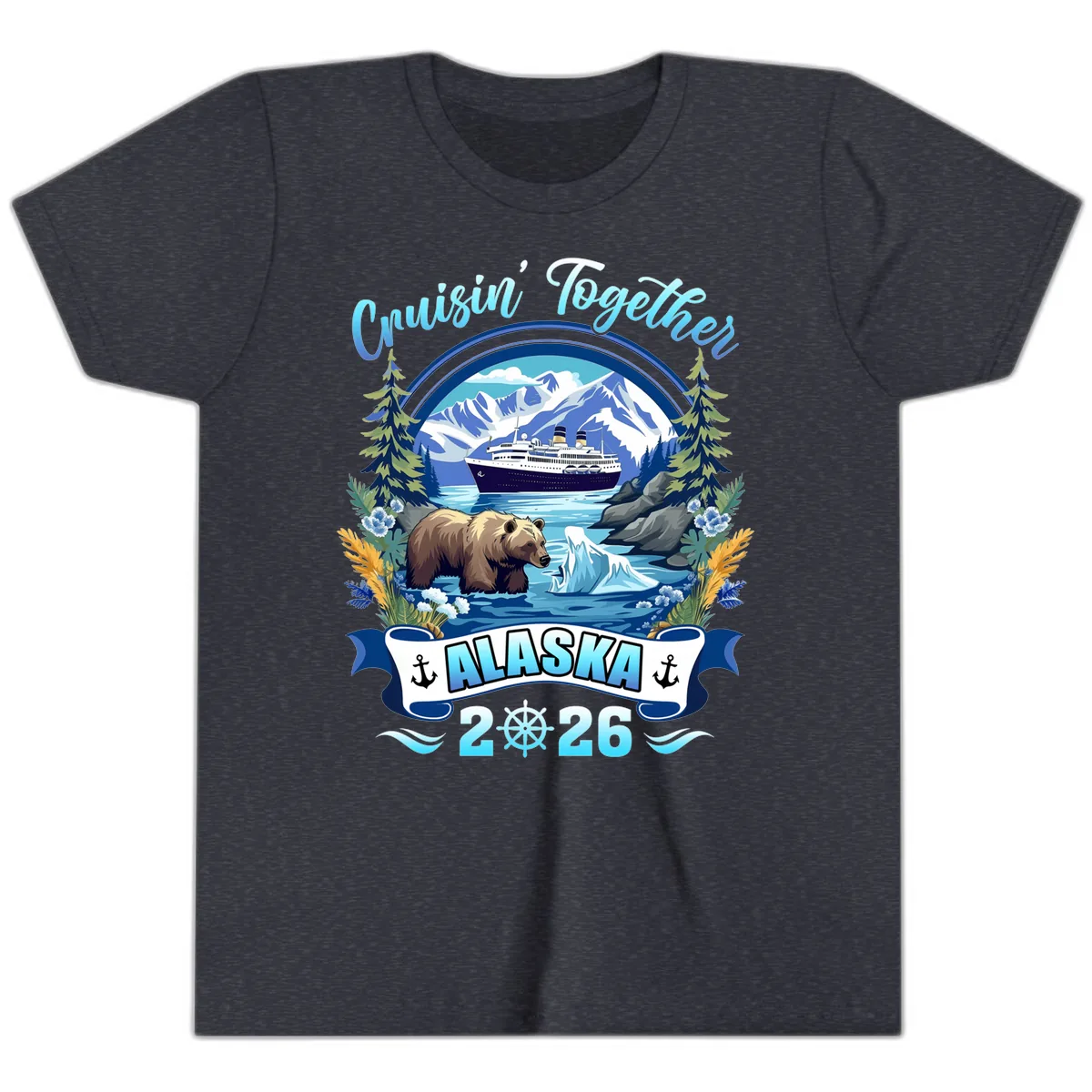 Alaskan Cruise Bear Ship Mountains 2026 Youth T-Shirt in Heather Navy