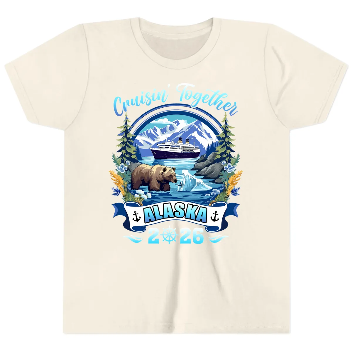 Alaskan Cruise Bear Ship Mountains 2026 Youth T-Shirt in Natural