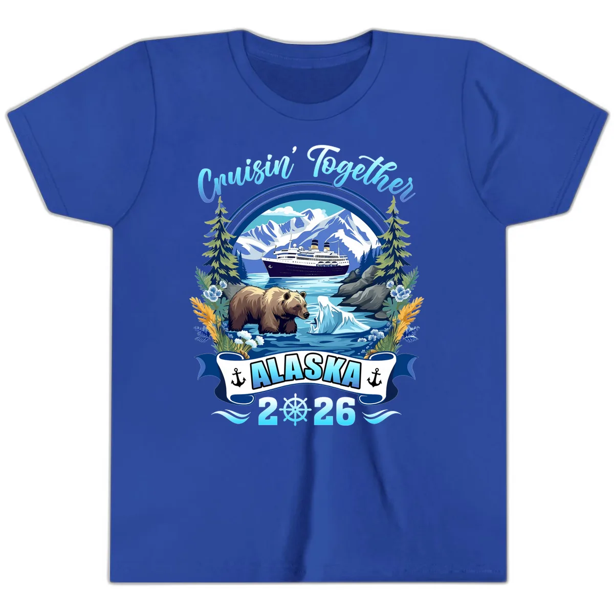 Alaskan Cruise Bear Ship Mountains 2026 Youth T-Shirt in True Royal