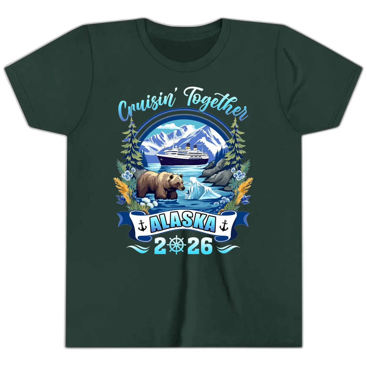 Alaskan Cruise Bear Ship Mountains 2026 Youth T-Shirt in Forest