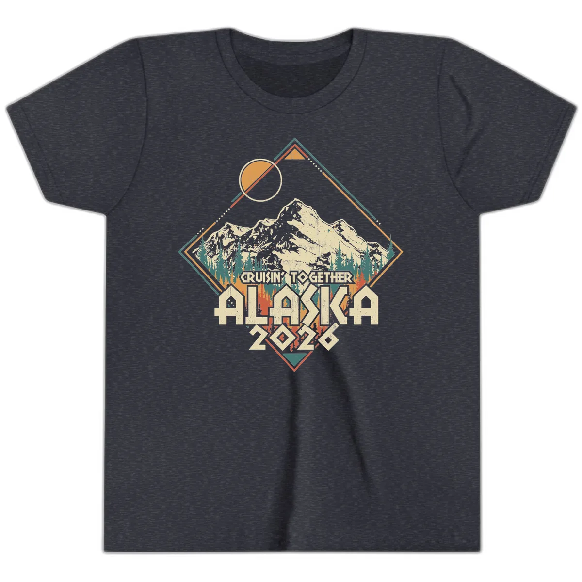 Cruisin' Together Alaska 2026 Mountain Frame Youth T-Shirt in Heather Navy