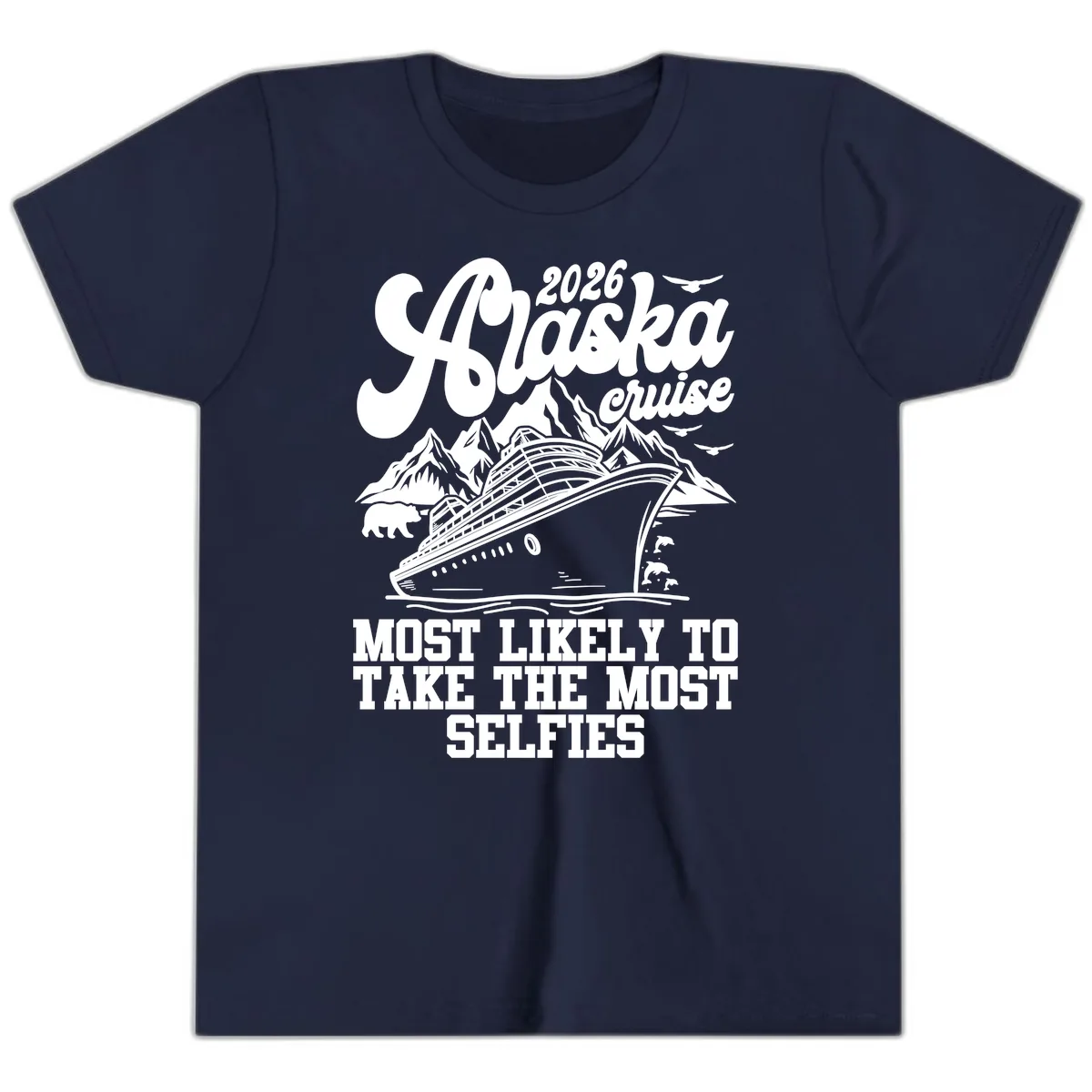 2026 Alaska Cruise Most Likely Selfies Youth T-Shirt in Navy