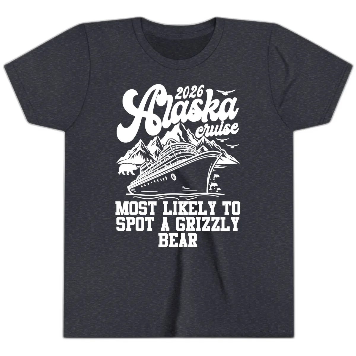 2026 Alaska Cruise Grizzly Bear Spotting Youth T-Shirt in Heather Navy