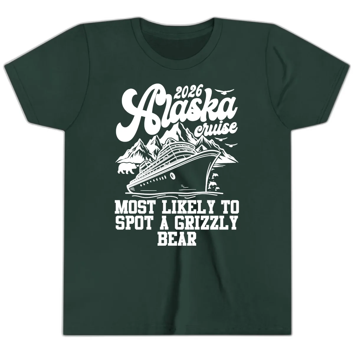 2026 Alaska Cruise Grizzly Bear Spotting Youth T-Shirt in Forest