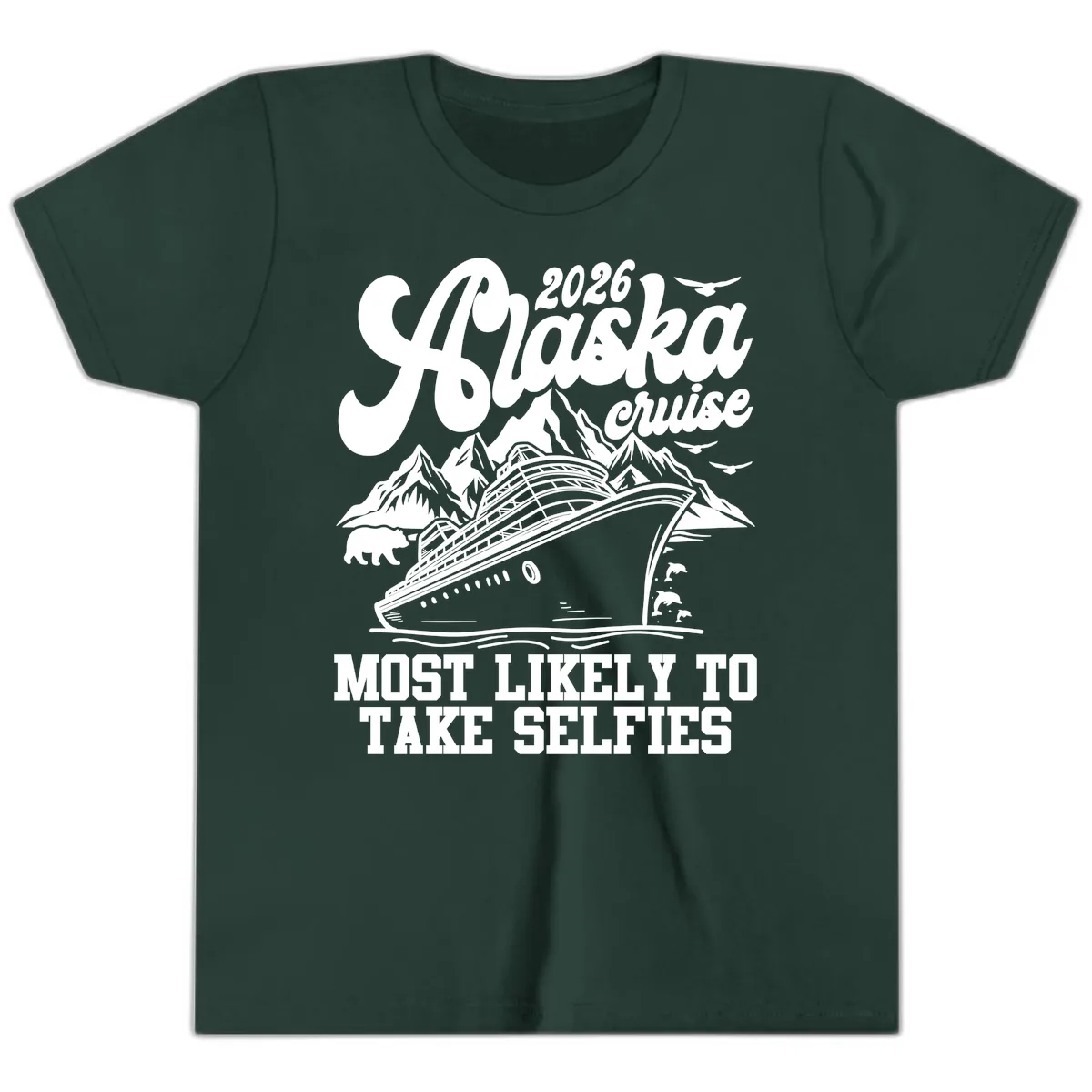 2026 Alaska Cruise Most Likely to Take Selfies Youth T-Shirt in Forest