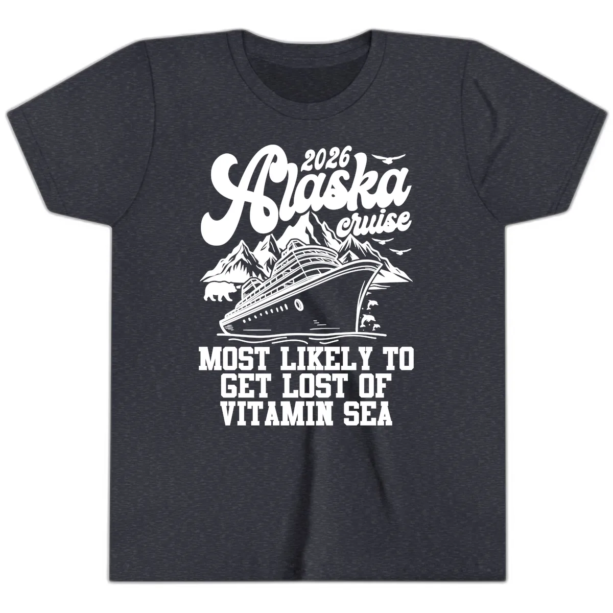 Alaska Cruise 2026 Lost Of Vitamin Sea Youth T-Shirt in Heather Navy
