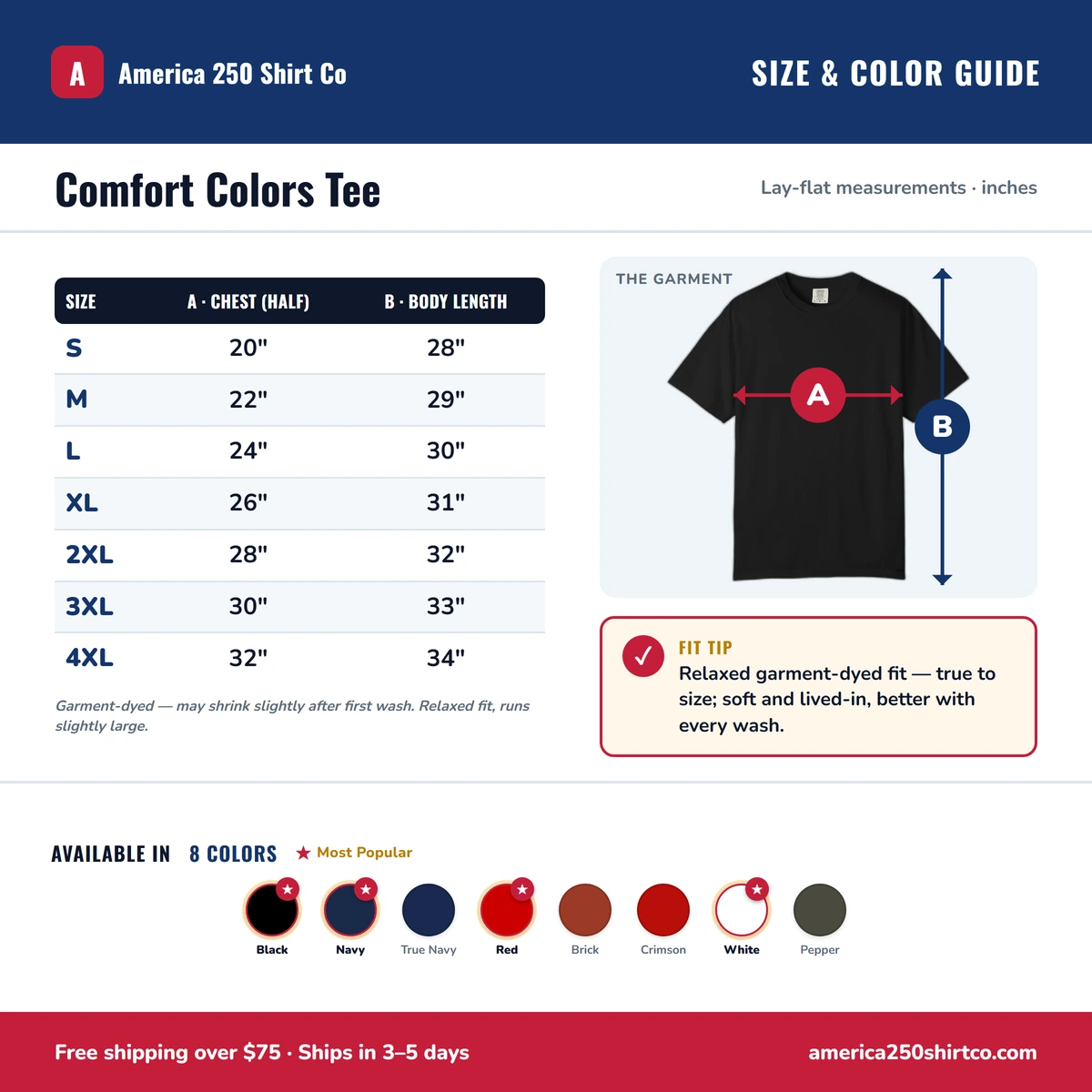 Comfort Color size & color guide