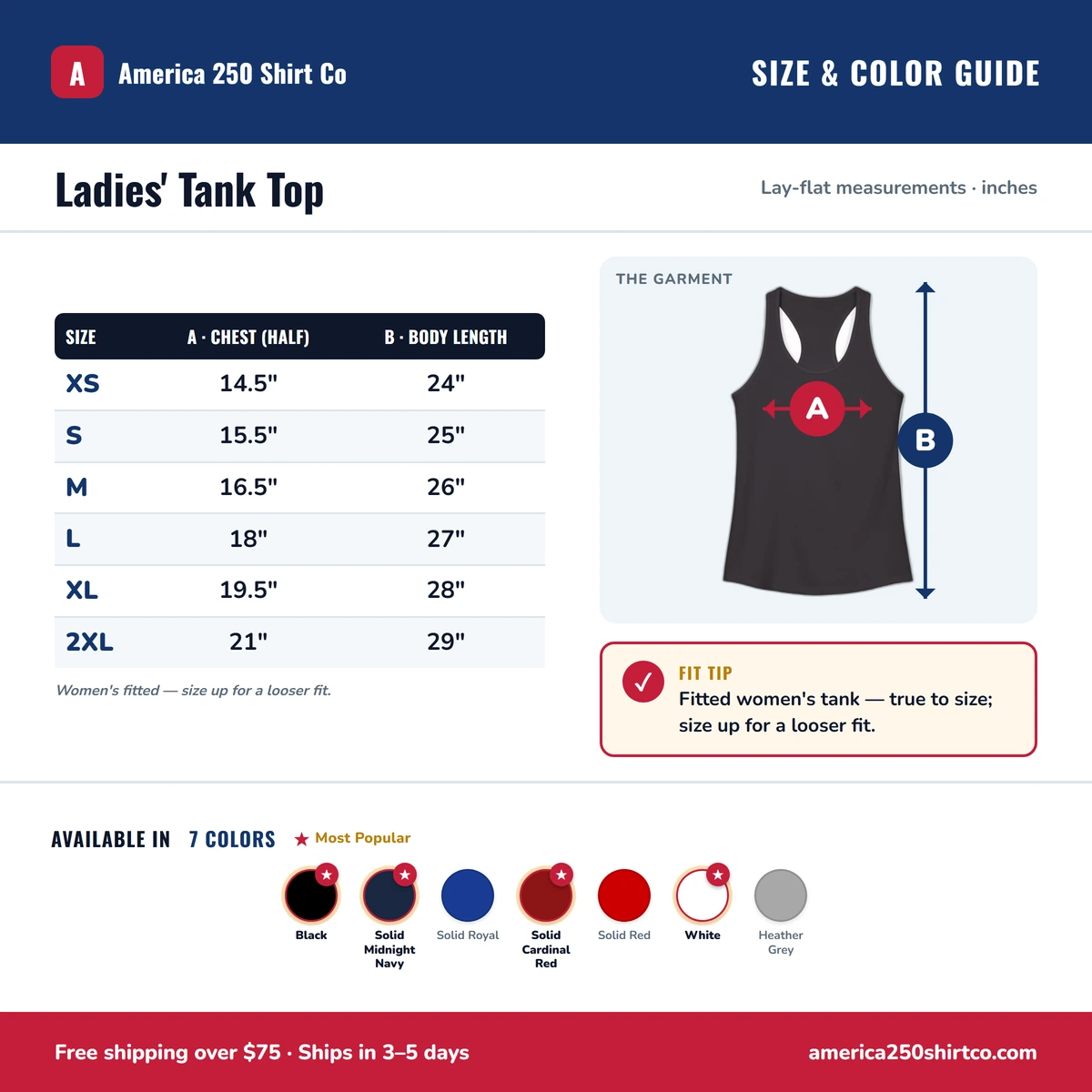 Ladies Tank size & color guide
