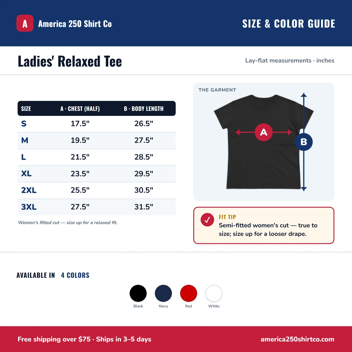 Ladies Tee size & color guide
