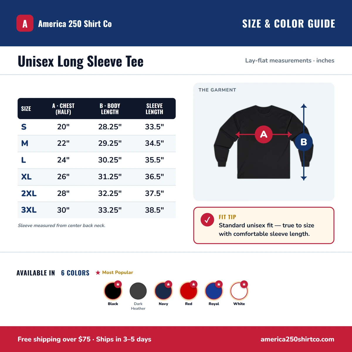 Long Sleeve size & color guide