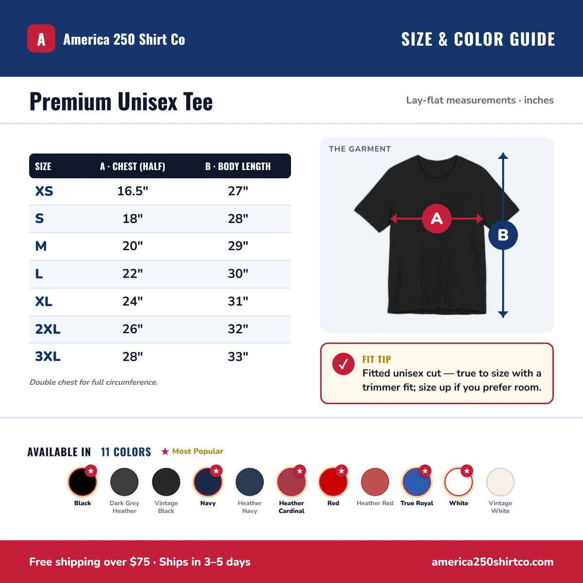 Premium T-Shirt size & color guide