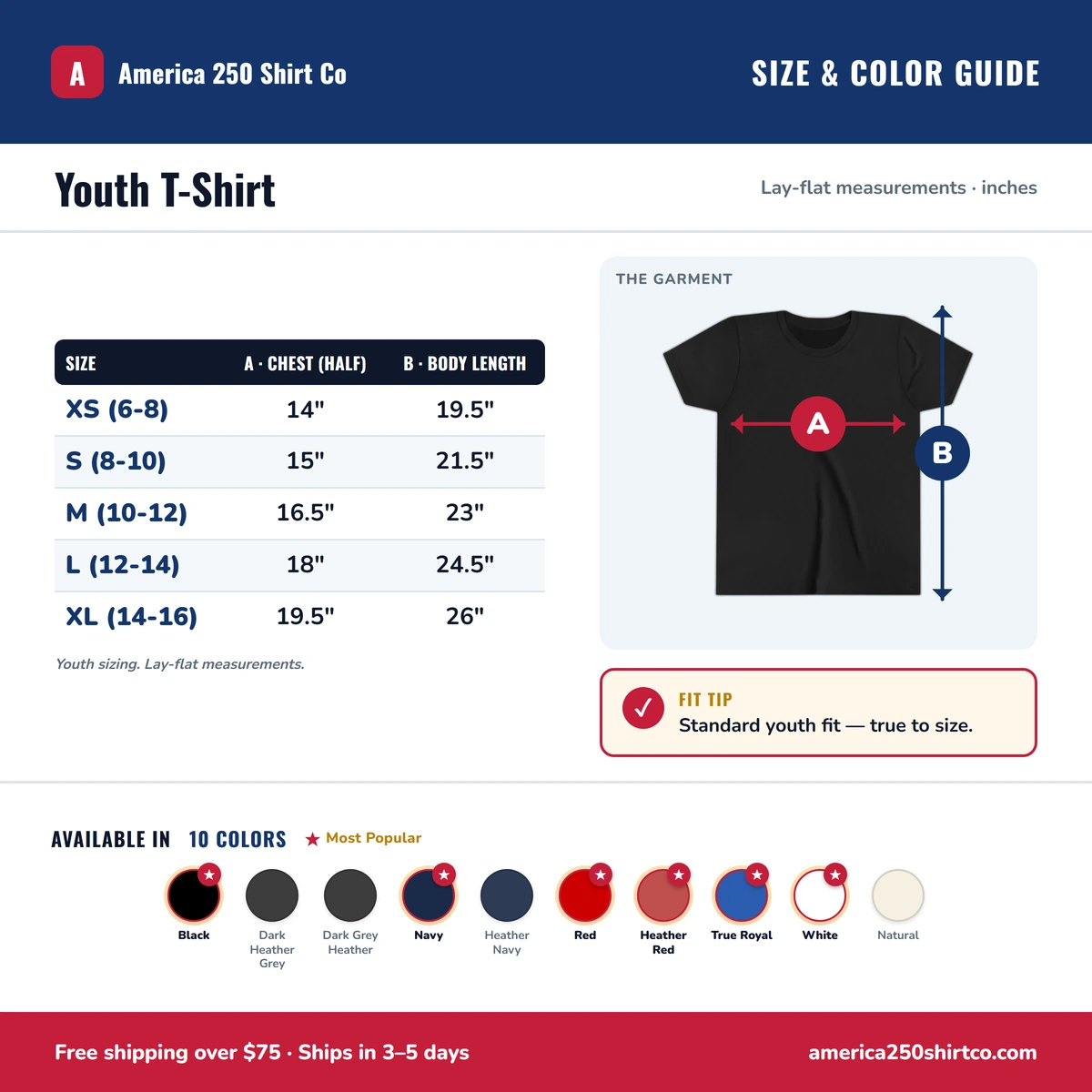 Youth T-Shirt size & color guide