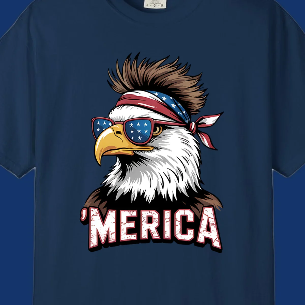 Illustration of a patriotic merica bald eagle wearing star-spangled sunglasses and a red, white, and blue bandana.