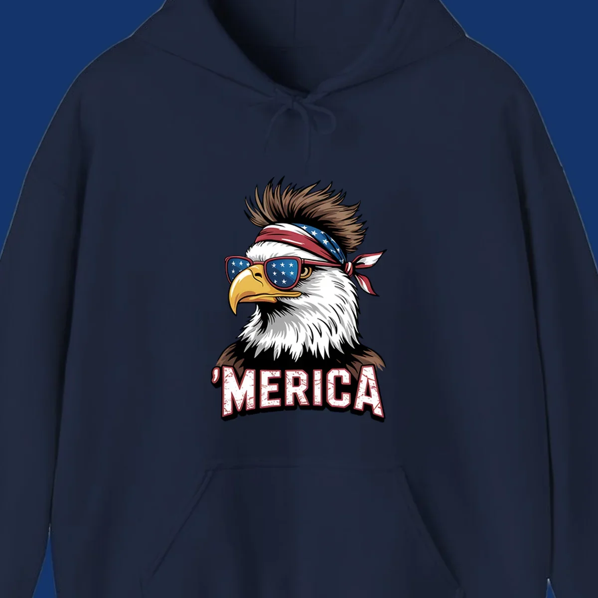 Illustration of a patriotic merica bald eagle wearing star-spangled sunglasses and a red, white, and blue bandana.