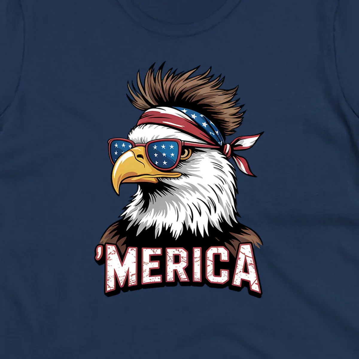 Illustration of a patriotic merica bald eagle wearing star-spangled sunglasses and a red, white, and blue bandana.