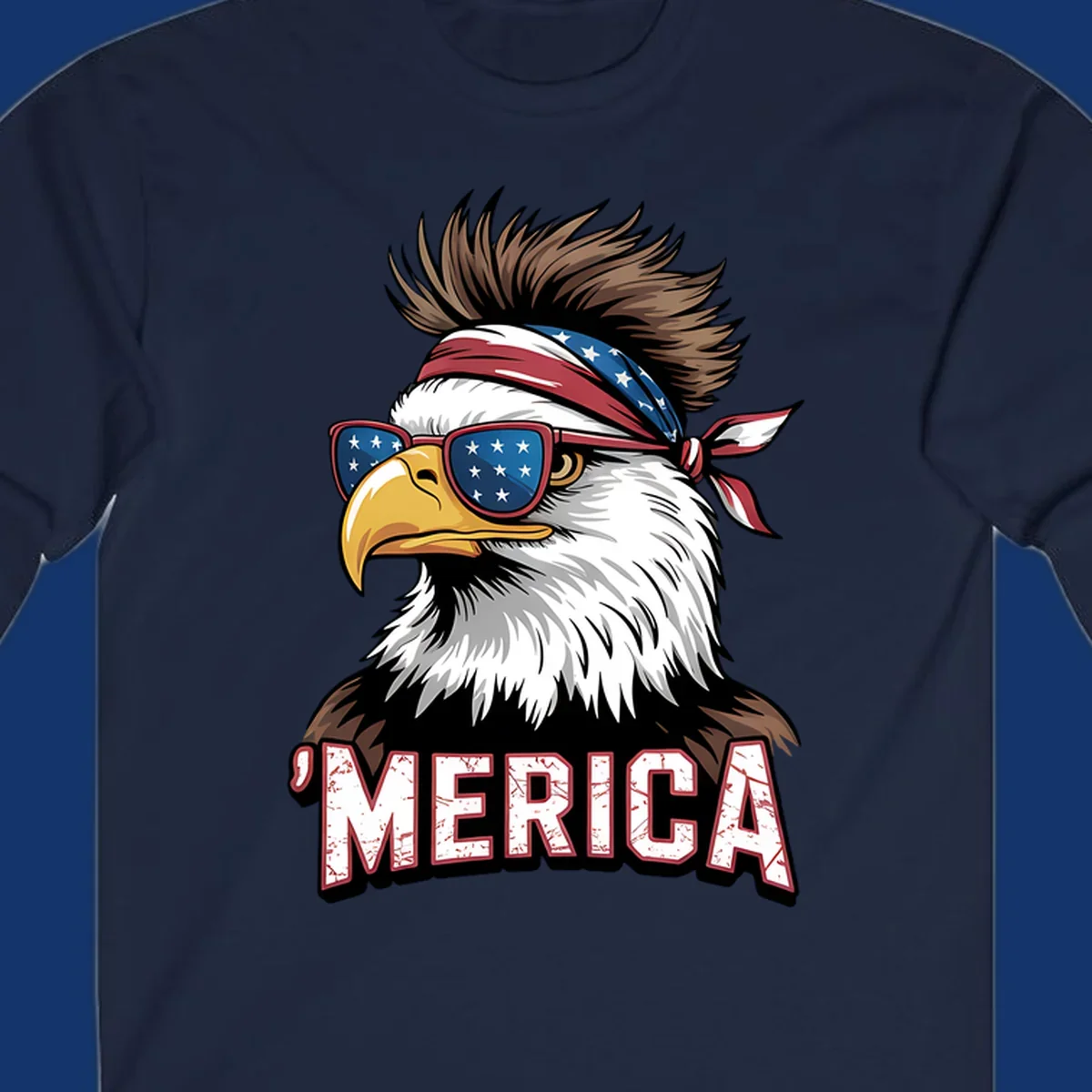 Illustration of a patriotic merica bald eagle wearing star-spangled sunglasses and a red, white, and blue bandana.