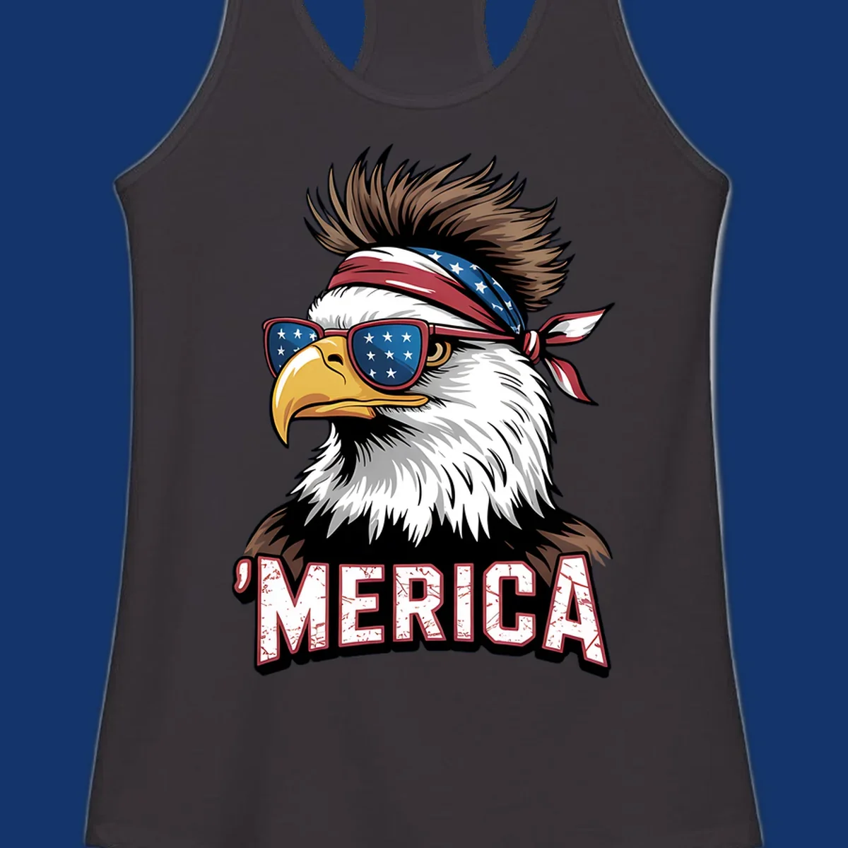Illustration of a patriotic merica bald eagle wearing star-spangled sunglasses and a red, white, and blue bandana.