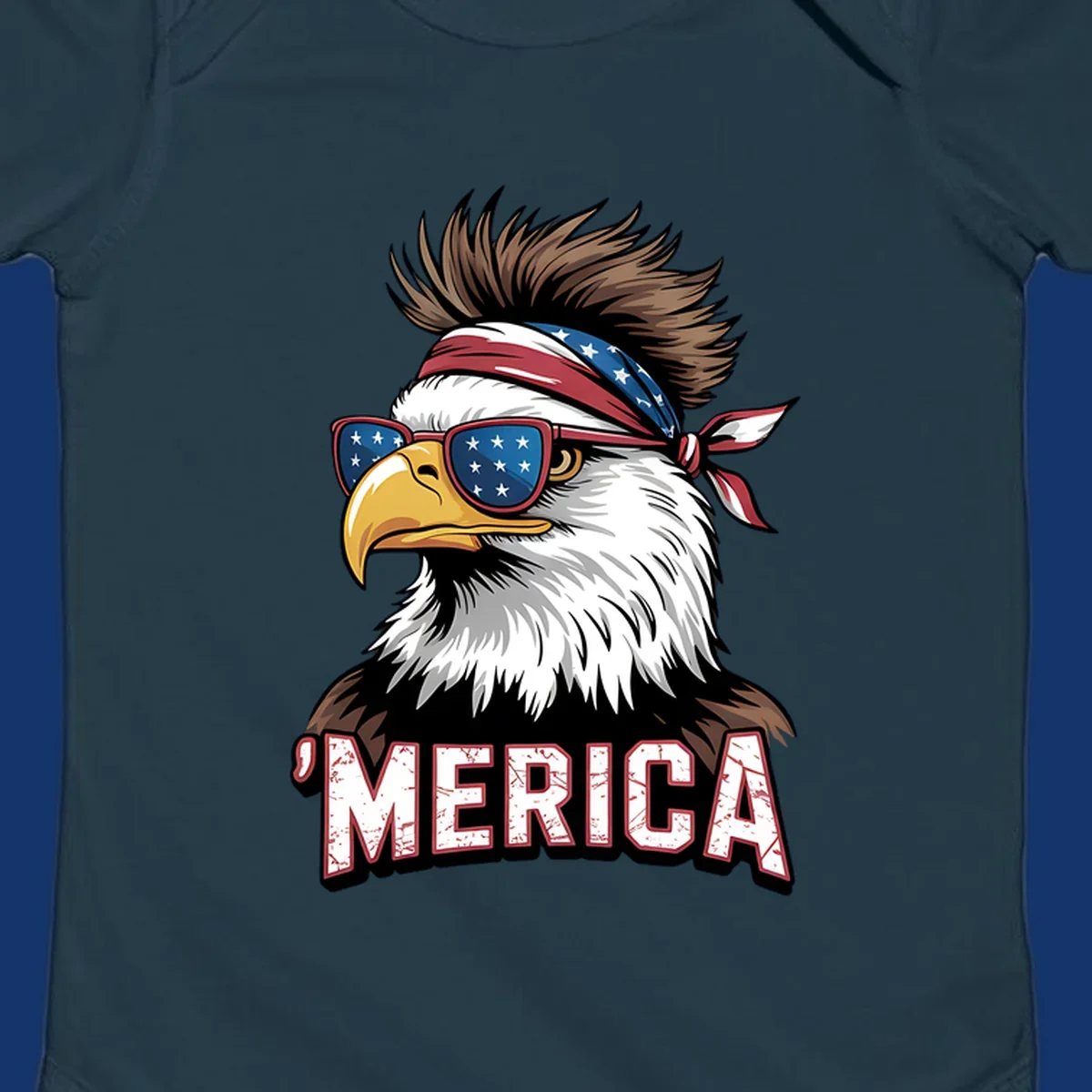 Illustration of a patriotic merica bald eagle wearing star-spangled sunglasses and a red, white, and blue bandana.