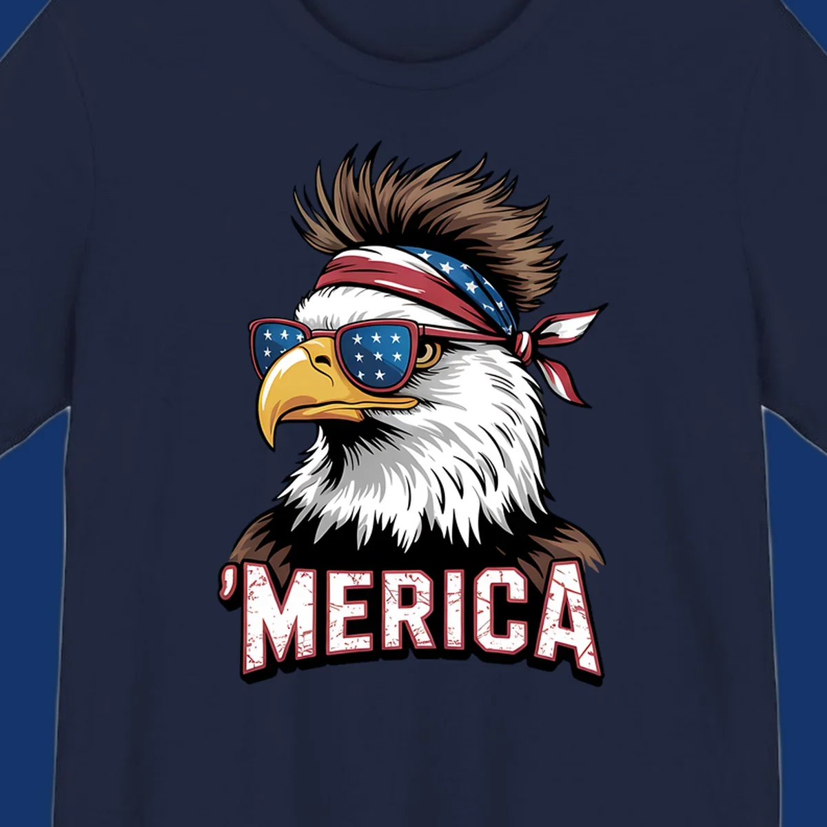 Illustration of a patriotic merica bald eagle wearing star-spangled sunglasses and a red, white, and blue bandana.