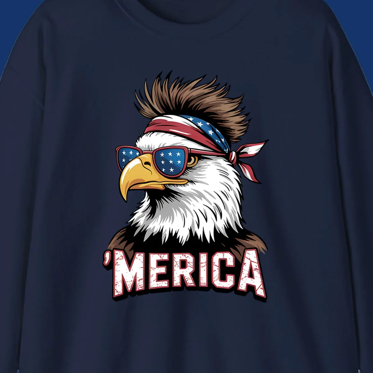 Illustration of a patriotic merica bald eagle wearing star-spangled sunglasses and a red, white, and blue bandana.
