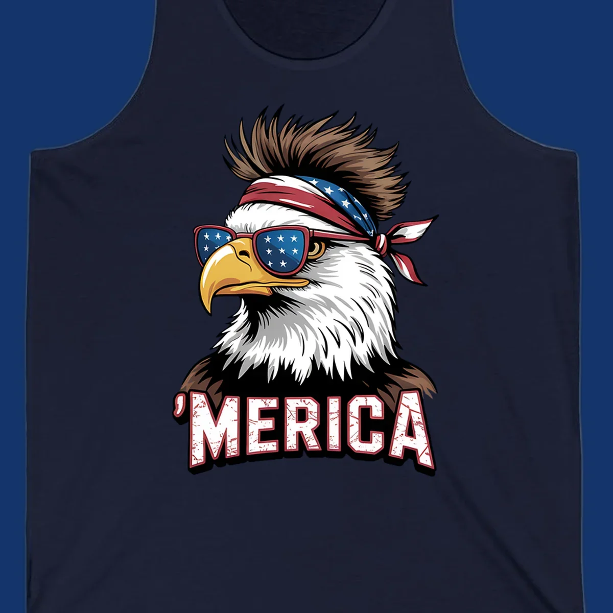 Illustration of a patriotic merica bald eagle wearing star-spangled sunglasses and a red, white, and blue bandana.