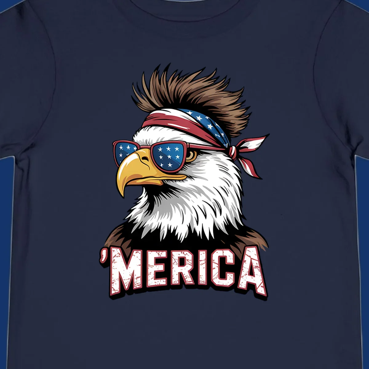 Illustration of a patriotic merica bald eagle wearing star-spangled sunglasses and a red, white, and blue bandana.