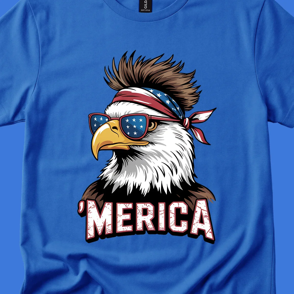 Illustration of a patriotic merica bald eagle wearing star-spangled sunglasses and a red, white, and blue bandana.