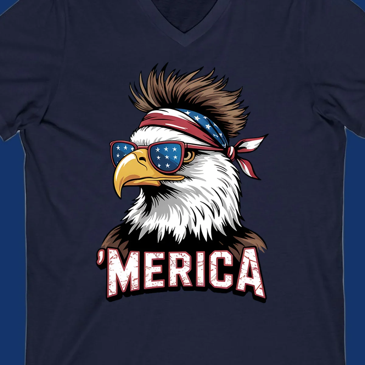 Illustration of a patriotic merica bald eagle wearing star-spangled sunglasses and a red, white, and blue bandana.
