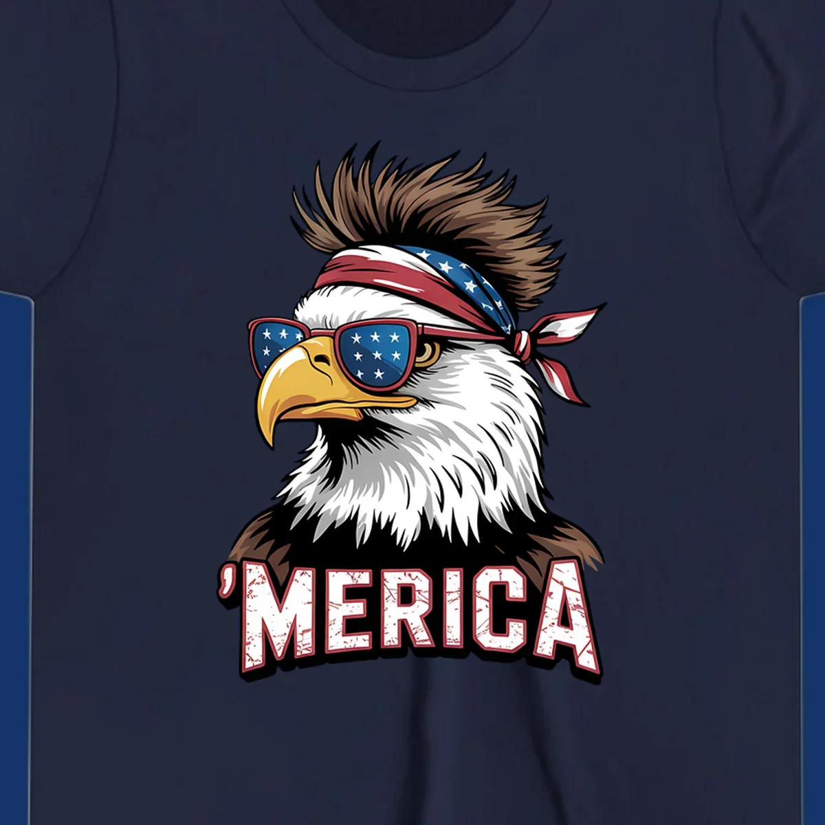 Illustration of a patriotic merica bald eagle wearing star-spangled sunglasses and a red, white, and blue bandana.