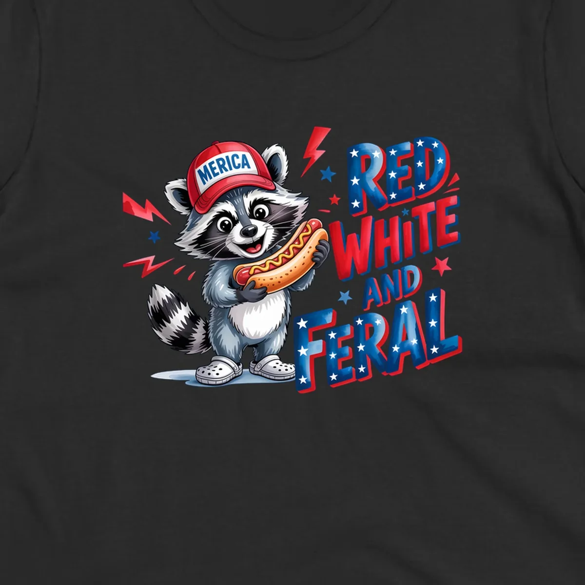 A cartoon raccoon wearing a 'MERICA' hat and holding a hot dog, next to text 'RED WHITE AND FERAL'. This is a raccoon-red-white-feral design.