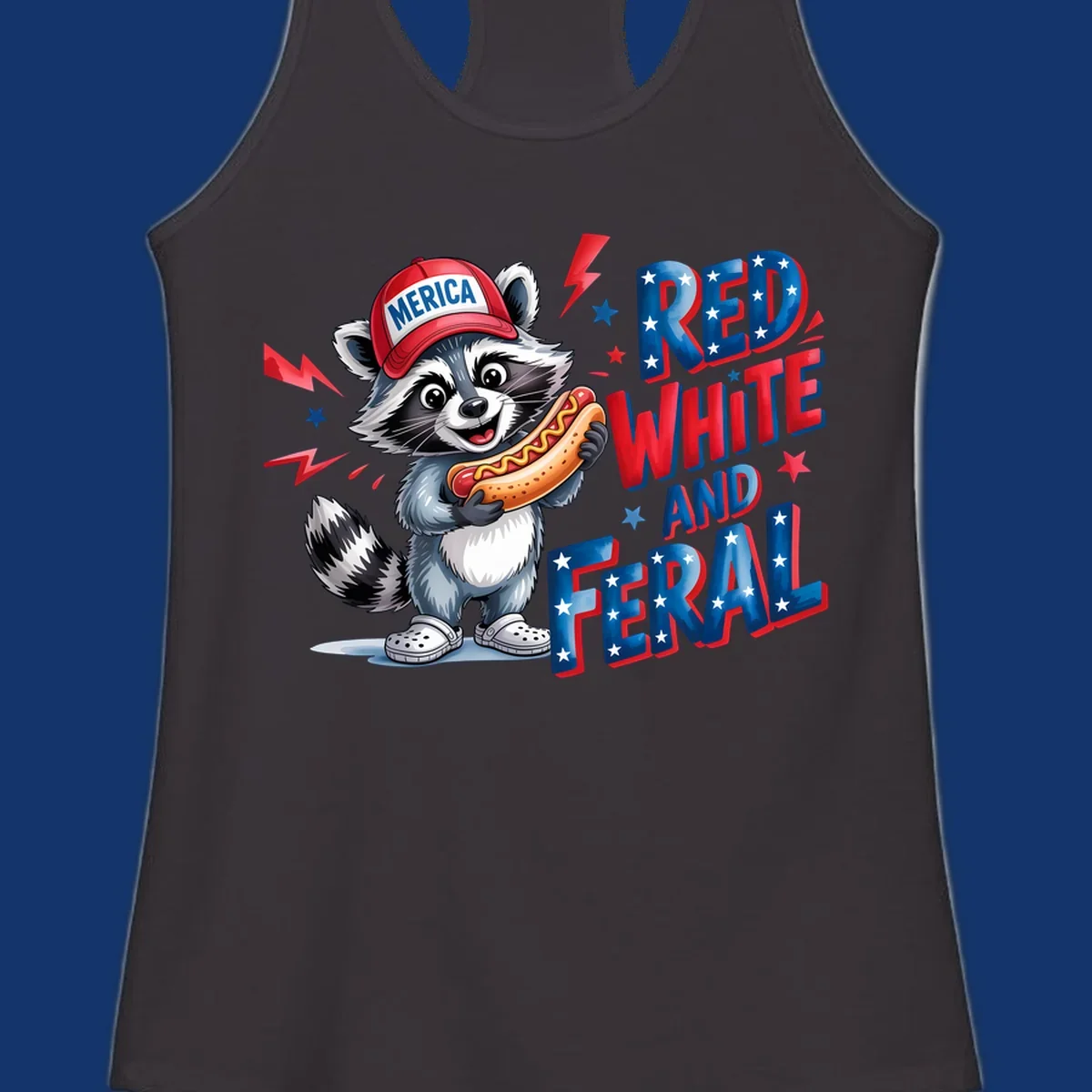 A cartoon raccoon wearing a 'MERICA' hat and holding a hot dog, next to text 'RED WHITE AND FERAL'. This is a raccoon-red-white-feral design.